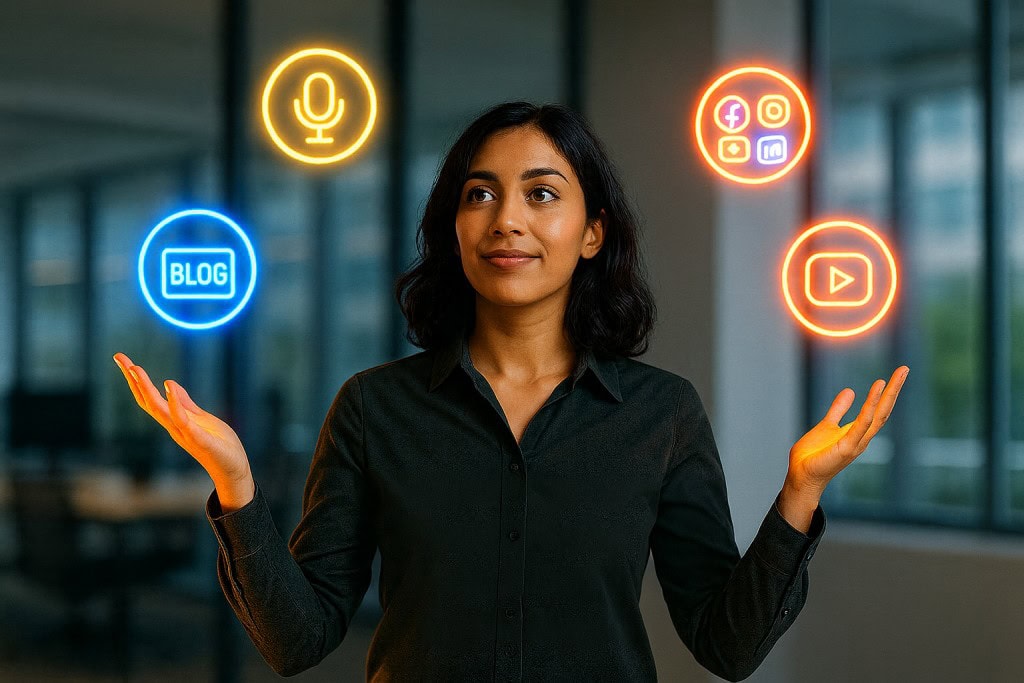sf-content-repurposing-strategies-for-2026-1024×683 Young female digital marketer juggling glowing neon icons for blog, social media, podcast, and video platforms in a modern office setting.