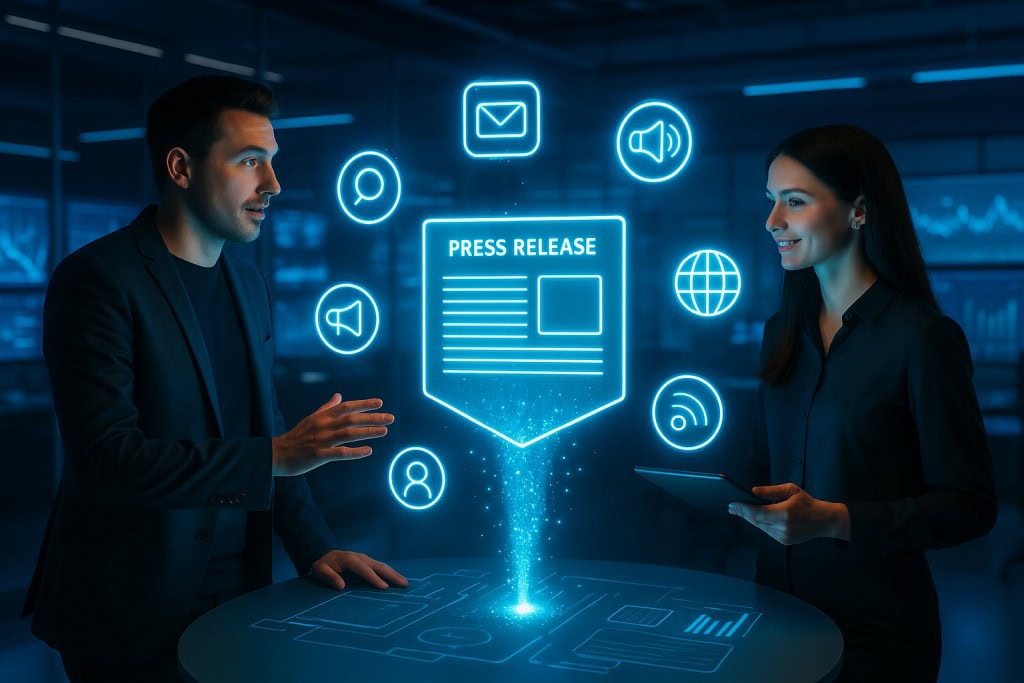 Two digital marketers monitor a press release launch in a futuristic control room with glowing dashboards and a central rocket icon display.