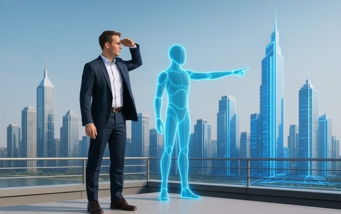 A business leader stands on a rooftop beside a glowing AI avatar pointing toward an increasingly futuristic city skyline, symbolizing AI-driven leadership and the future of innovation.