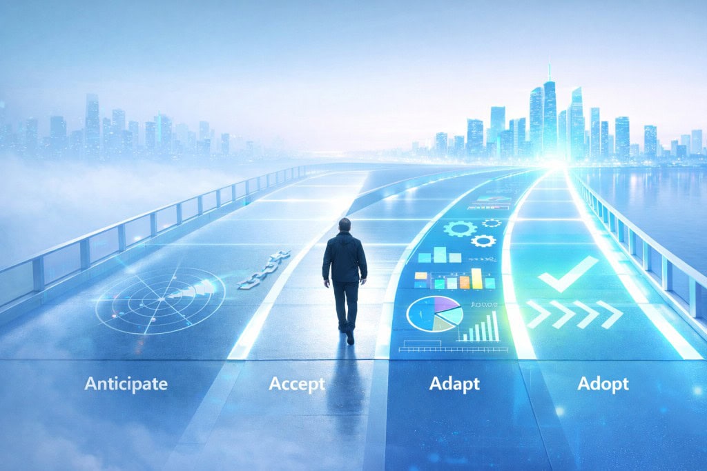 A person walks across a futuristic, illuminated bridge divided into four glowing sections labeled Anticipate, Accept, Adapt, and Adopt, leading toward a bright, modern city skyline.